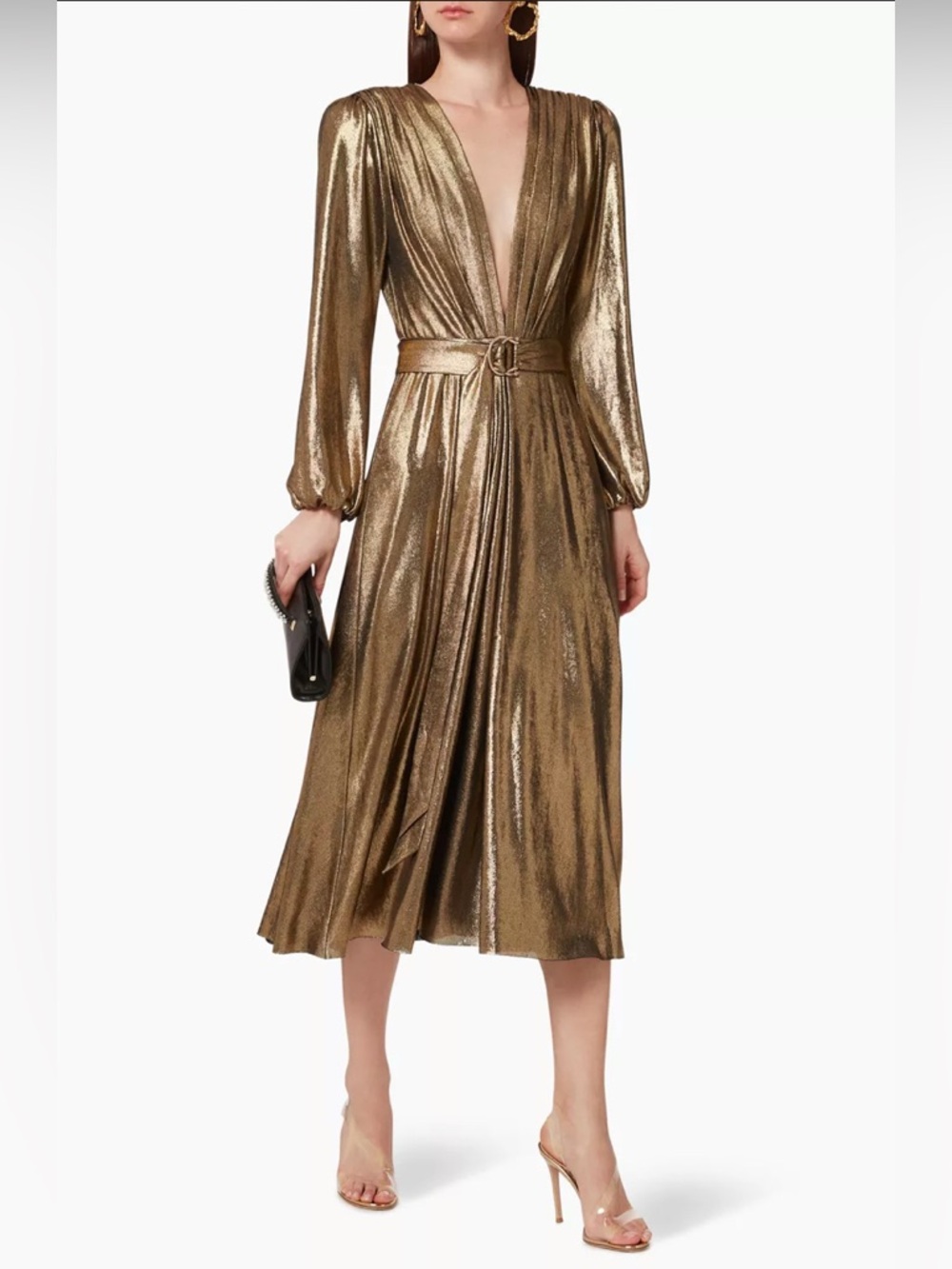 Maria Lucia Hohan “Zaila”Metallic Bronze Plunging V-Neck Maxi Dress with Belt